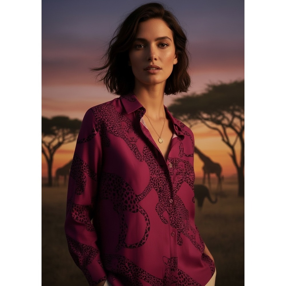 Jodifl Top Women M Magenta Leopard Bold Maximalist Safari Blouse Puff Sleeve